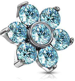 Paula & Fritz® Aufsatz-Dermal Anchor Zirkonia Blume hellblau 316L Chirurgenstahl 1,2-mm Gewinde Haut-Anker Skin Diver Implantat Kugel Blüte Flower