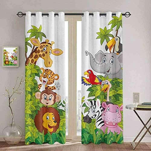 QLCUY Vorhang Blickdicht mit Ösen Cartoon Zootiere Dschungel Kinder Gardinen Blickdicht Ösen Gardine Thermo Polyester Schlafzimmer Kinderzimmer Vorhänge Dekoratives Muster Européen 140 x 160 cm