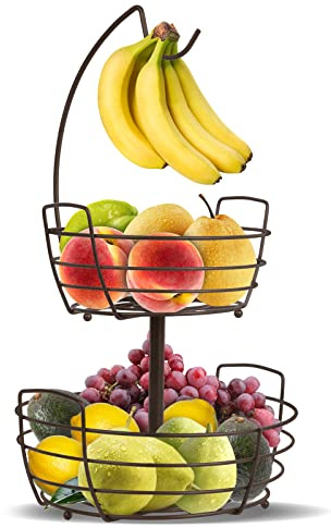 Mutool 2 Tier Fruit Basket, Fruit Bowl with Banana Hanger, Kitchen Countertop Fruit Rack, Metal Fruit Vegetables Bowls, Portable & Detachable Fruit Vegetable Storage Holder - Bronze
