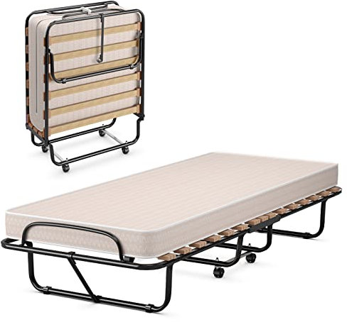 GIANTEX Gästebett klappbar, Klappbett 80x190cm Erwachsene, Einzelbett mit Matratze aus Memory-Schaum, Reisebett mit 4 Rollen, klappbares Bett Faltbett Metallbett Metallrahmen 130 kg belastbar (Beige)