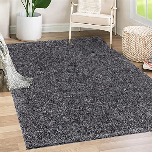 payé Teppich Wohnzimmer Hochflor Shaggy - 150x150cm - Anthrazit Einfarbig Uni Flauschig Modern Boho Deko Teppiche Weich Schlafzimmer