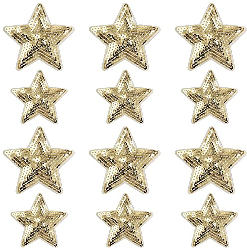Weenkeey 12 Stück Stern Pailletten Patches Pentagramm Aufbügeln Applikationen Bling Stern Gestickte Aufnäher für Kleid Jeans Jacken Hüte Taschen Schuhe - 2 Größen Gold