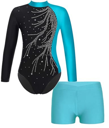 Runhomal Kinder Mädchen Gymnastikanzug Turnanzug Langarm Trikot Body mit Shorts Set Gymnastik Leotards Sportbody für Tanz Gym Workout I Blau 134-140