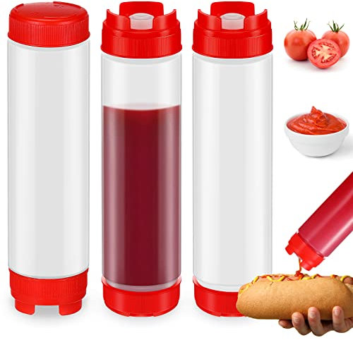 3 Pcs 16 oz Inverted Plastic Squeeze Bottles, Refillable Tip Large Valve Dispenser Condiment Squeeze Bottle for Sauces Ketchup Sour Cream Self Sealing Syrup Dispenser for Restaurants (Red, White)
