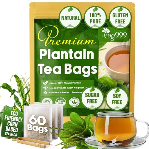 TOG999 Premium 60 Tea Bags Plantain Leaf Tea, 100% Natural Plantain Leaves, Herbal Tea for Daily Wellness, No Additives, Caffeine Free, No Sugar, Non-GMO, Gluten Free