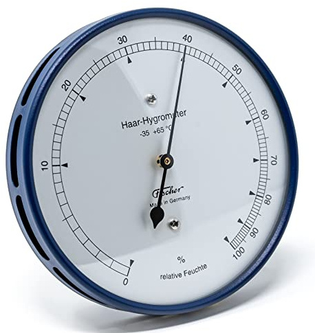 Fischer 111.48, Haar-Hygrometer, Glas, Edelstahl blau, Messstation | Außen-Luftfeuchtigkeitsmesser, Messbereich 0-100 % r. F. und -35-65 °C, 103mm Durchmesser, Made in Germany
