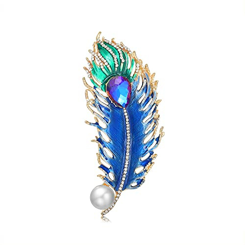 Elegante Pfauenfeder Brosche Pins für Frauen Mädchen Tropfen Kristall CZ Perlen Abzeichen Korsagen Schal Clips Anstecknadel Broschen für Damen Kleidung Krawatte Kleid Accessoires Dekorativ