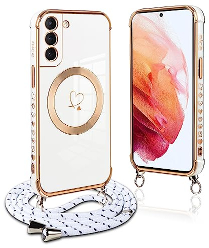 Pnakqil Handykette für Samsung Galaxy S21 5G Hülle mit Band, Kompatibel mit MagSafe, Handyhülle Ultra Dünn Silikon Magnetisch mit Herz Love Muster Schutzhülle mit Kordel für Samsung S21 5G 6.2, Weiß