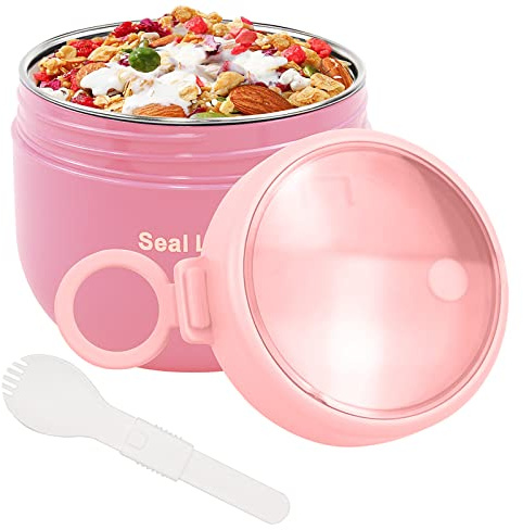 bainuote Müsli To Go Becher 600ml Joghurtbecher Auslaufsicherer Müslibecher To Go Porridge Becher Edelstahl Lunchbox to go mit Klapp-Löffel für Jedes Frühstück Mittagessen-Pink