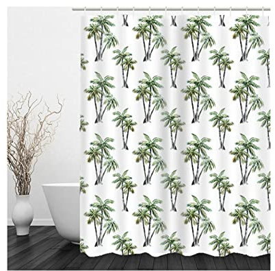 Whoiy Duschvorhang Weiß Wasserdicht, Duschrollo Um Die Ecke 150X200cm Polyester Bath Curtains Kokosnussbaum Grün für Badezimmer Badewanne