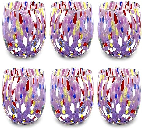 MAZZEGA ART & DESIGN - 6 vasos de agua de cristal soplados y hechos a mano con murrine Murano refinados y originales - Los colores de Murano - Modelo Colombina 435 ml. Made in Italy (Violeta, 6)