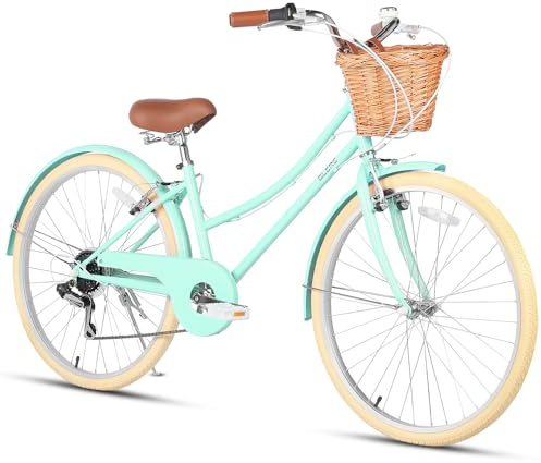 Glerc Missy 26 Tums Flickcruiser Ungdom Tonåring Damcykel 6-Växlad Hybrid Stadcykel för Ungdomar över 12 År med Prickorg & Lättviktig Ram, Mintgrön