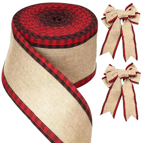 G2PLUS Weihnachten Juteband mit Draht, 6.4CM Breit Geschenkband zum Basteln, 10M Sackleinen Band mit Rote und Schwarz Kariertes, Weihnacht Dekoband Verdrahtet für Geschenk, Kranz, Weihnachtsbaum