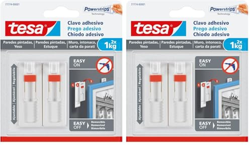 Clavo autoadhesivo tesa ajustable para paredes pintadas sujecion hasta 1 kg (Paquete de 2)