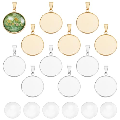 UNICRAFTALE 24 Stück, 12 Sets, 2 Farben, blanko, gewölbt, flach, rund, Anhänger, 304 Edelstahl, Cabochon-Einstellungen, Charm-Tabletts mit Glas-Cabochons für Halskette, Schmuckherstellung