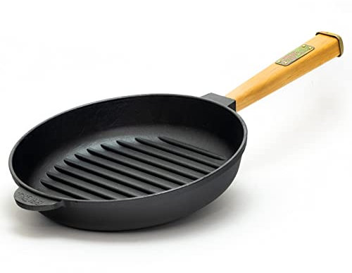 4BIG.fun Grillpfanne Gusseisen Ø28 cm Gusseisenpfanne Induktion Steakpfanne Holzgriff Bratpfanne Pfanne mit Grillstreifen Feuerpfanne Cast Iron Pan Grill Eisenpfanne Ofenpfanne