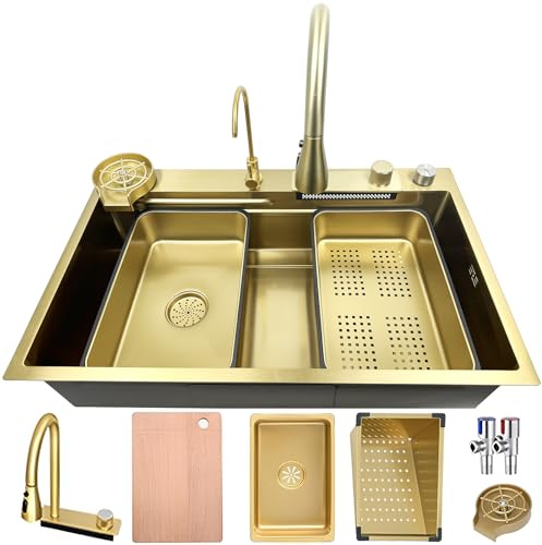 Évier de cuisine à bassin unique doré de 80×45cm avec cascade - Multifonctionnel - Comptoir de bar - Évier de workstation nano-revêtu - Avec robinet à descente et ensemble complet d'accessoires