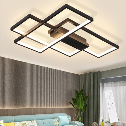 GBLY Deckenlampe LED Dimmbar Deckenleuchte 65CM Schwarz Wohnzimmerlampe | 65W Modern Schlafzimmerlampe Geometrisch Küchenlampe Design Bürolampe mit Fernbedienung Wohnzimmer Schlafzimmer Küche Büro