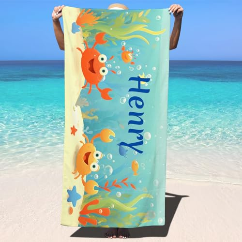 SearchI Strandtuch Personalisiert 180x90cm,Sandfrei&Schnell Trocknendes Individuellem Mikrofasertuch Badetücher mit Namen für Erwachsener Kinder,Geburtstagsgeschenk für Camping Reisen Urlaub,Krabbe