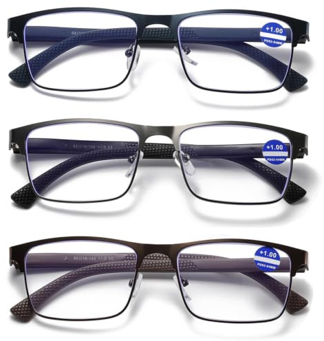 Hubeye 3er-Pack Lesebrille aus Metall für Herren Anti-Blau Licht Sehhilfe Quadrat Männer Brillen Federscharniere Blaulicht Blockierende Computer Lesehilfe 3.00