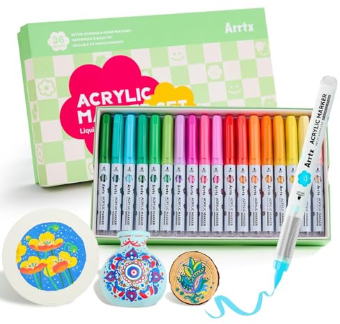 Arrtx 36 Colors Acrylic Paint Pens for Rock Painting, Brush Tip Acrylic Pen, Acrylic Markers, Waterproof Paint Marker, Art Supplies for Stone, Glass, Egg, Wood, DIY Crafts