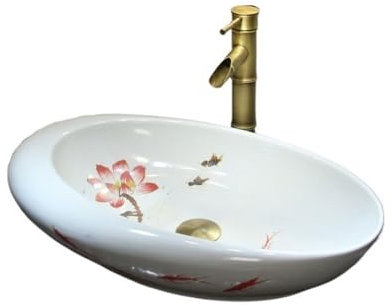 yixinzi-2024 Waschbecken Hochwertiges Badezimmerwaschbecken, Haushaltswaschbecken, handbemalt, klassisches Keramik-Aufsatzwaschbecken mit Lotus- und Fischmuster Aufsatzwaschbecken