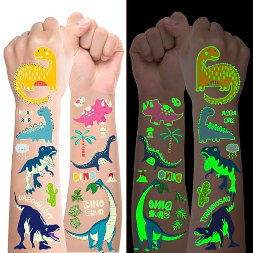 100 Stück Dino Tattoo Kinder Jungen, Dinosaurier Spielzeug Leuchttattoos Kinder, Temporäre Tattoos für Kinder, Dino Geburtstag Deko Party Mitgebsel Kindergeburtstag Dino Spielzeug Junge