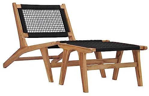 Loungestol utomhus, schäslong för uteplats, för strand, uteplats, pool och däck, solstol med fotstöd i massiv teak och rep