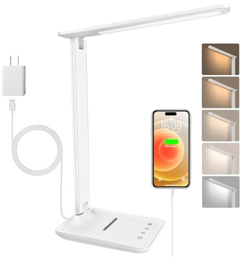 Jumoking Schreibtischlampe LED Dimmbar Augenschutz,Desk Lamp mit 5 Farben und 5 Helligkeitsstufen,Tischlampemit USB Ladeanschluss Touch Steuerung für Kinder, Schlafzimmer, Lektüre, Büros (White)