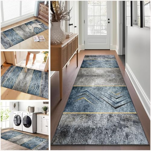 Teppich läufer Flur rutschfest Küchenteppich Waschbar 90 x 300 cm Korridor Teppich Lang Fußmatte Flurteppich Modern Küchenläufer Läufer für Eingang Flur Küche Bettvorleger Schlafzimmer Wohnzimmer