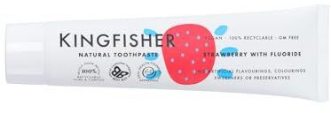 Kingfisher Barntandkräm – Fluorid och fluoridfria alternativ – mild naturlig vård för barns tänder – säkra och läckra smaker (3, jordgubbe med fluorid)