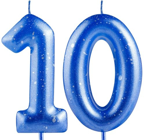Hongplus Blue Silver Number 10 Candles, 10 Birthday Candle,Blue Happy Birthday Candles for Cake, Cake Topper Decorations for Boys Girls Him 10th Birthday Party Decorations Supplies Favor Gift