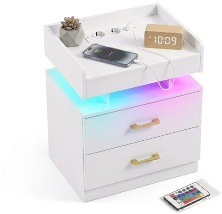 FurnitureR Nachttisch mit LED Licht und Steckdose, Nachtkommode mit 2 Schubladen, Beistelltisch mit 2 USB Ports und 2 Steckdosen, Moderner Nachtschrank für Schlafzimmer, Weiß, 45 x 35 x 52 cm