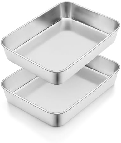 Herogo Baking Tray Set of 2, Deep Cake Tin, Stainless Steel Rectangle Bake Sheet Pans for Cake Brownie, Lasagne, Healthy & Non Toxic, Dishwasher Safe (31x24x5 cm)