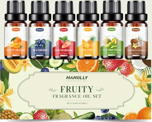 HANOLLY Oli Essenziali per Diffusori Fruttato 6x10ml, Olio Essenziale Naturali Profumate per Massaggio Candele Fai da Te- Fragola Mirtillo, Arancia Dolce, Cocco Vaniglia, Cetriolo Melone, Ananas