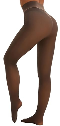 HeyUU Fleece Lined Tights for Women, Thermal Fake Translucent Winter Tights, Women’s Thick Pantyhose with Warm & Soft fleece Brown_S