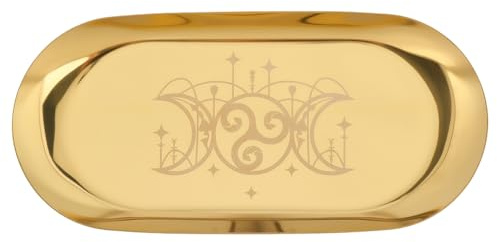 CREATCABIN 18 x 8,3 cm guld metall prydnadssak vintage dekorativ bricka oval måne altare rituell tallrik rostfritt stål smycken display diskhållare för ringar örhängen prydnadssak kristall tarotkort