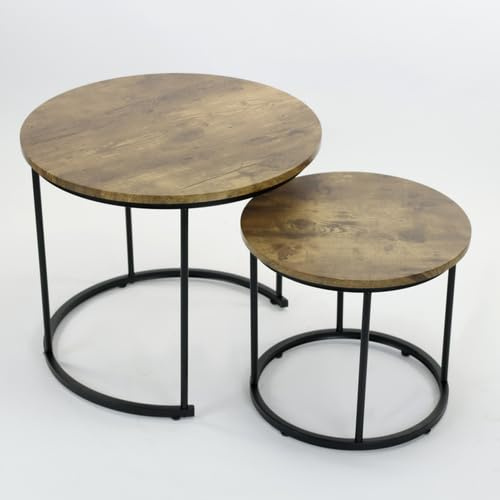 WERKSTAR 2er Set Couchtischset Satztisch Couchtisch Beistelltisch Sofatisch Wohnzimmertisch Kaffeetisch mit Stahlgestell Eiche Loft Design Modern Design Boho Rund