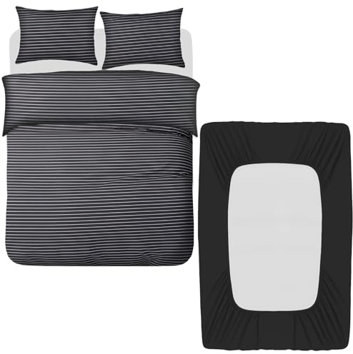 Grace 4 Pcs Double Duvet Set with Matching Black Double Fitted Sheet 40 cm Extra Deep Pocket - UltraSoft Breathable Premium Microfibre Reversible Quilt Cover Bedding Set For All Seasons