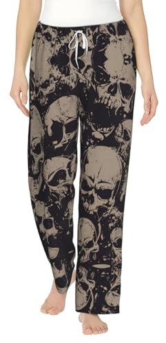Cool retro skalle grafik tryck flanell pyjamasbyxor med fickor varm sömn loungebyxor pyjamas pyjamasbyxor nattkläder, Svart, L