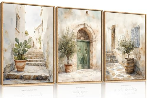 KAIRNE Mediterranean Village Canvas Wall Art Watercolor Tuscan Street Prints Neutral Beige European Town Pictures Olive Trees Cactus for Living Room Bedroom Farmhouse Decor 12 x 16inch x 3