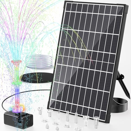 POPOSOAP 12W Solar Teichpumpe mit 4200mAh Akku, Bunte LED-Leuchten | Solarpumpe mit 8 Sprühmodi, PVC-Schlauch für Vogeltränke, Gartenteich, Wasserspiel