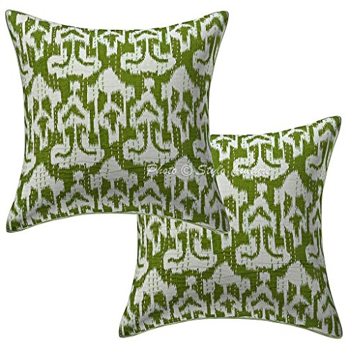 Stylo Culture Boho Forros De Cojines Decorativa 40x40 cm Algodón Ikat Fundas Almohadones Sofa Verde Loro 16x16 Inch Kantha Impreso Cuadrado sobre Cojin para La Cama - 2 Pcs