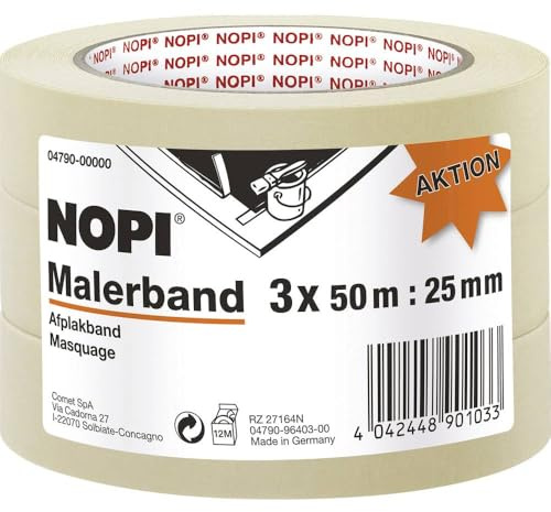 tesa NOPI Malerkrepp - Malerband im 3er-Pack - Hellbeige - 50 m x 25 mm | Abdeckband mit Naturkautschuk-Klebmasse für besonders starken Halt - bis zu 4 Tage lang rückstandslos entfernbar