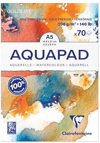 Clairefontaine 975720C - Aquarell Malblock Goldline, 70 Blatt, 300g Zeichenpapier, mittelfein gekörnt, DIN A5, 14,8x21 cm, 1 Stück