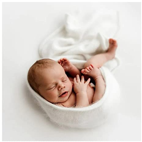 Orraphtstu 3Pcs Newborn Photography Mohair Backdrops Wraps Headbands Set Baby Beanbag Posing Props Stretch Jersey Knit Fabric Photoshoots (Backdrop with Wrap,White)