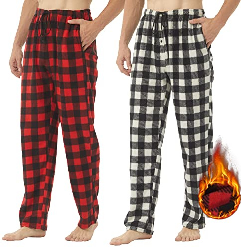 2-pack herr rutiga pyjamasbyxor lounge pyjamas Polar Pjs byxor nattkläder med microfleece fickor
