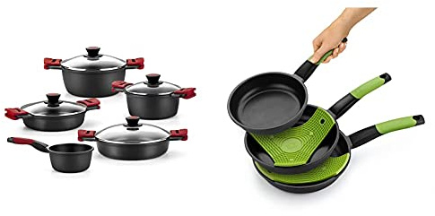 BRA Premiere Batería 5 Piezas De Aluminio Fundido con Antiadherente, Apta para Todo Tipo De Cocinas Incluso Inducción + Prior Set De 3 Sartenes, Aluminio, Negro, 20-24-28 Cm