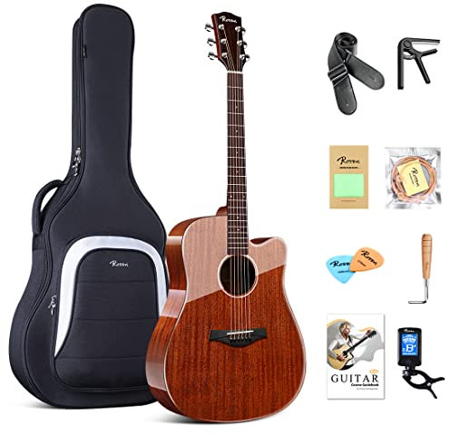 Rosen G31 Dreadnought Akustikgitarre Massive Mahagonidecke 41 Zoll Guitarra Full Size Cutaway mit Glanzfinish Bundle Starter Kit mit Gig Bag, Stimmgerät, Saiten, Gurt und Plektren
