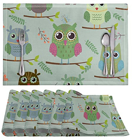 Manteles Individuales Búho Verde Infantil Mantel Individual PVC Lavable Salvamanteles Individuales Resistente al Calor Bajoplatos Antideslizante Individuales Mesa 30x45cm 2 Pcs